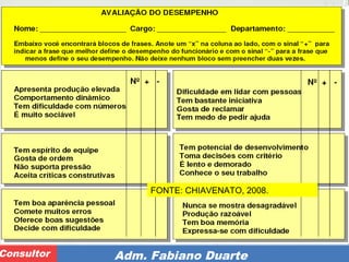 Consultoria de Planejamento - CPLAN
Secretaria de Estado da Administração - SEAConsultor Adm. Fabiano Duarte
Método da Escolhas forçadas
FONTE: CHIAVENATO, 2008.
 