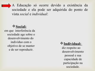 A Educação só ocorre devido a existência da
sociedade e ela pode ser adquirida do ponto de
vista social e individual:
Social:
em que interferência da
sociedade age sobre o
desenvolvimento do
individuo com o
objetivo de se manter
e de ser reproduzir.
Individual:
diz respeito ao
desenvolvimento
pessoal e sua
capacidade de
participação na
sociedade.
 