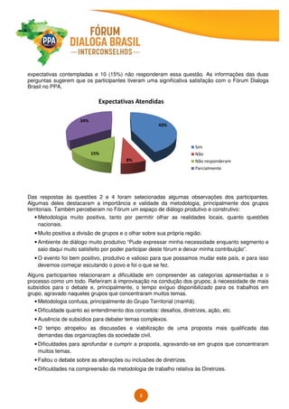 2
expectativas contempladas e 10 (15%) não responderam essa questão. As informações das duas
perguntas sugerem que os participantes tiveram uma significativa satisfação com o Fórum Dialoga
Brasil no PPA.
Das respostas às questões 2 e 4 foram selecionadas algumas observações dos participantes.
Algumas deles destacaram a importância e validade da metodologia, principalmente dos grupos
territoriais. Também perceberam no Fórum um espaço de diálogo produtivo e construtivo:
• Metodologia muito positiva, tanto por permitir olhar as realidades locais, quanto questões
nacionais.
• Muito positiva a divisão de grupos e o olhar sobre sua própria região.
• Ambiente de diálogo muito produtivo “Pude expressar minha necessidade enquanto segmento e
saio daqui muito satisfeito por poder participar deste fórum e deixar minha contribuição”.
• O evento foi bem positivo, produtivo e valioso para que possamos mudar este país, e para isso
devemos começar escutando o povo e foi o que se fez.
Alguns participantes relacionaram a dificuldade em compreender as categorias apresentadas e o
processo como um todo. Referiram à improvisação na condução dos grupos; à necessidade de mais
subsídios para o debate e, principalmente, o tempo exíguo disponibilizado para os trabalhos em
grupo, agravado naqueles grupos que concentraram muitos temas.
• Metodologia confusa, principalmente do Grupo Territorial (manhã).
• Dificuldade quanto ao entendimento dos conceitos: desafios, diretrizes, ação, etc.
• Ausência de subsídios para debater temas complexos.
• O tempo atropelou as discussões e viabilização de uma proposta mais qualificada das
demandas das organizações da sociedade civil.
• Dificuldades para aprofundar e cumprir a proposta, agravando-se em grupos que concentraram
muitos temas.
• Faltou o debate sobre as alterações ou inclusões de diretrizes.
• Dificuldades na compreensão da metodologia de trabalho relativa às Diretrizes.
43%
8%
15%
34%
Expectativas Atendidas
Sim
Não
Não responderam
Parcialmente
 