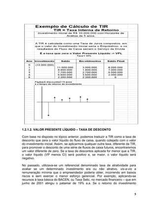1.2.1.2. VALOR PRESENTE LÍQUIDO – TAXA DE DESCONTO

Com base no disposto no tópico anterior, podemos traduzir a TIR como a taxa de
desconto que zera o valor líquido do fluxo de caixa, quando cotejado com o valor
do investimento inicial. Assim, se aplicarmos qualquer outra taxa, diferente da TIR,
para promover o desconto de uma série de fluxos de caixa futuros, encontraremos
um valor diferente de zero. Se a taxa de descontos aplicada for menor que a TIR,
o valor líquido (VP menos CI) será positivo e, se maior, o valor líquido será
negativo.

No passado, utilizava-se um referencial denominado taxa de atratividade para
avaliar se um determinado investimento era ou não atrativo, vis-a-vis a
remuneração mínima que o empreendedor poderia obter, incorrendo em baixos
riscos e sem exercer o menor esforço gerencial. Por exemplo, aplicando-se
recursos à taxa básica do BACEN, ou Taxa Selic, no mercado financeiro – que em
junho de 2001 atingiu o patamar de 19% a.a. Se o retorno do investimento


                                                                                  5
 