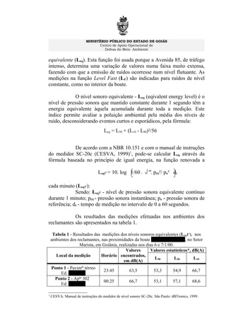MINISTÉRIO PÚBLICO DO ESTADO DE GOIÁS
Centro de Apoio Operacional de
Defesa do Meio Ambiente
equivalente (Leq). Esta função foi usada porque a Avenida 85, de tráfego
intenso, determina uma variação de valores numa faixa muito extensa,
fazendo com que a emissão de ruídos ocorresse num nível flutuante. As
medições na função Level Fast (LF) são indicadas para ruídos de nível
constante, como no interior da boate.
O nível sonoro equivalente - Leq (eqivalent energy level) é o
nível de pressão sonora que mantido constante durante 1 segundo têm a
energia equivalente àquela acumulada durante toda a medição. Este
índice permite avaliar a poluição ambiental pela média dos níveis de
ruído, desconsiderando eventos curtos e esporádicos, pela fórmula:
De acordo com a NBR 10.151 e com o manual de instruções
do medidor SC-20c (CESVA, 1999)1
, pode-se calcular Leq através da
fórmula baseada no princípio de igual energia, na função renovada a
cada minuto (Leq1'):
Sendo: Leq1' - nível de pressão sonora equivalente contínuo
durante 1 minuto; p(t) - pressão sonora instantânea; po - pressão sonora de
referência; dt - tempo de medição no intervalo de 0 a 60 segundos.
Os resultados das medições efetuadas nos ambientes dos
reclamantes são apresentados na tabela 1.
Tabela 1 - Resultados das medições dos níveis sonoros equivalentes (Leq1'), nos
ambientes dos reclamantes, nas proximidades da boate Canal St. Clip Bar, no Setor
Marista, em Goiânia, realizadas nos dias 6 e 7/1/00.
Local da medição Horário
Valores
encontrados,
em dB(A)
Valores estatísticos*, dB(A)
L90 L50 L10
Ponto 1 - Pavimto
térreo
Ed. Tamboril
23:45 63,5 53,3 54,9 66,7
Ponto 2 - Apto
302
Ed. Tamboril
00:25 66,7 53,1 57,1 68,6
1
CESVA. Manual de instruções do medidor de nível sonoro SC-20c. São Paulo: dBTronics, 1999.
Leq1' = 10. log 1/60 . . p(t)²/ po² dt
Leq = L50 + (L10 - L90)²/56
0∫ 60
 