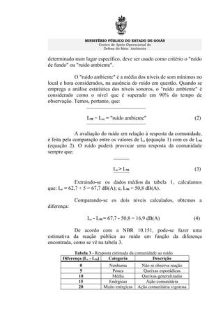 MINISTÉRIO PÚBLICO DO ESTADO DE GOIÁS
Centro de Apoio Operacional de
Defesa do Meio Ambiente
determinado num lugar específico, deve ser usado como critério o "ruído
de fundo" ou "ruído ambiente".
O "ruído ambiente" é a média dos níveis de som mínimos no
local e hora considerados, na ausência do ruído em questão. Quando se
emprega a análise estatística dos níveis sonoros, o "ruído ambiente" é
considerado como o nível que é superado em 90% do tempo de
observação. Temos, portanto, que:
L90 = Lcr = "ruído ambiente" (2)
A avaliação do ruído em relação à resposta da comunidade,
é feita pela comparação entre os valores de Lc (equação 1) com os de L90
(equação 2). O ruído poderá provocar uma resposta da comunidade
sempre que:
Lc > L90 (3)
Extraindo-se os dados médios da tabela 1, calculamos
que: Lc = 62,7 + 5 = 67,7 dB(A); e, L90 = 50,8 dB(A).
Comparando-se os dois níveis calculados, obtemos a
diferença:
Lc - L90 = 67,7 - 50,8 = 16,9 dB(A) (4)
De acordo com a NBR 10.151, pode-se fazer uma
estimativa da reação pública ao ruído em função da diferença
encontrada, como se vê na tabela 3.
Tabela 3 - Resposta estimada da comunidade ao ruído
Diferença (Lc - L90) Categoria Descrição
0 Nenhuma Não se observa reação
5 Pouca Queixas esporádicas
10 Média Queixas generalizadas
15 Enérgicas Ação comunitária
20 Muito enérgicas Ação comunitária vigorosa
 
