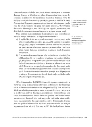 a avaliação do desempenho de alunos de educação superior: uma análise a partir da experiência do enade  179
9  Para uma leitura sobre
o Provão 2003 (resultados
e críticas ao Exame), ver
INEP (2003).
10  Os percentuais
relatados foram
calculados pelos autores,
baseados no total de
conceitos válidos.
substancialmente inferior aos outros. Como consequência, as notas
da área ficaram artificialmente altas. O percentual dos cursos de
Medicina classificados nas duas faixas mais altas da escala subiu de
29% (24 cursos) no Provão 20039
para 87% (73 cursos) no ENADE 2004.
O percentual de cursos nas duas categorias mais inferiores na escala
caiu de 21% (18 cursos) em 2003 para zero, em 2004. O problema
destacado foi corrigido pelo INEP logo em seguida, resultando nas
distribuições normais observadas para os anos de 2005 e 2006.
Uma análise mais cuidadosa da distribuição dos conceitos no
período 2004 – 2006 revela as seguintes tendências10
:
A região Nordeste, surpreendentemente, concentrou o maisa)	
alto percentual de conceitos 5 e 4 (44,0%), seguido pela região
Sul (39,6%). A região Sudeste tem o maior número de conceitos
4 e 5 em termos absolutos, mas seu percentual de conceitos
altos é mais baixo ao considerar o número total de cursos
envolvidos.
O percentual de conceitos 4 e 5 foi mais alto para instituiçõesb)	
públicas (55,9%) em relação às privadas e para universidades
(50,8%) quando comparadas com centros universitários e facul-
dades. Entre as universidades, as federais se sobressaíram, com
76,5% dos seus cursos recebendo conceitos dos dois níveis mais
altos. Os centros tecnológicos também se destacaram (tendo
57,1% de seus cursos com conceitos 4 ou 5), mas foi pequeno
o número de cursos desse tipo de instituição avaliados pelo
ENADE no período (apenas 21).
Além dos conceitos do ENADE, foram divulgados anualmente, a
partir de 2005, os resultados referentes ao Indicador de Diferença
entre os Desempenhos Observado e Esperado (IDD). Este Indicador
foi desenvolvido para captar o valor agregado do curso e represen-
ta a diferença entre o desempenho médio dos concluintes de um
curso e o desempenho médio estimado para os concluintes desse
mesmo curso. Para calcular o desempenho estimado, são conside-
rados o desempenho dos ingressantes, o nível de instrução de seus
pais e o grau de seletividade do curso (medido através da relação
ingressantes/concluintes). Em 2005, o IDD foi divulgado em forma
Avaliacao_educacional.indb 179 31/03/2010 16:00:09
 