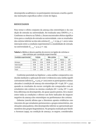 ameaça dos estereótipos no desempenho intelectual de estudantes universitários cotistas  237
desempenho acadêmico e os participantes iniciaram a tarefa a partir
das instruções específicas sobre o teste de lógica.
resultados
Para testar o efeito conjunto da ameaça dos estereótipos e da con-
dição de entrada na universidade, foi realizada uma ANOVA 3 × 2.
Conforme se observa na Tabela 1, foram encontrados efeitos significa-
tivos para a condição de entrada na universidade, com os resultados
dos cotistas inferior ao dos não cotistas (F(1, 114)
= 17,59, p < .001) e uma
interação entre a condição experimental e a modalidade de entrada
na universidade (F(2, 114)
= 4,14, p < .05).
Tabela 1: Média e desvio padrão do escore corrigido de cotistas e
não-cotistas por condição experimental
Condição experimental Cotista Não-cotista Total
Média DP Média DP Média DP
Ameaça 6,96 3,54 10,84 2,40 8,90 3,57
Valorização 8,38 1,93 8,77 2,44 8,57 2,18
Controle 7,44 3,02 9,41 2,67 8,42 2,98
Total 7,59 2,92 9,67 2,61 8,63 2,95
Conforme postulado na hipótese 1, uma análise comparativa con-
duzida mediante a aplicação do teste t evidenciou uma média signifi-
cativamente inferior (t(38)
=4,05, p <.001) entre os participantes cotistas
alocados à condição de ameaça do estereótipo (M = 6,96; DP = 3,54),
quando os resultados do escore corrigido são comparados com os
estudantes não cotistas na mesma condição (M = 10,84; DP = 2,40).
Esta diferença no desempenho, de quase quatro pontos, foi a maior
entre todas as condições e oferece um forte indicador do impacto
negativo da ameaça dos estereótipos na performance dos cotistas.
Osborne (2001b) afirma que a literatura aponta evidências con-
vincentes de que estudantes pertencentes a grupos minoritários, em
situações ameaçadoras, têm desempenho inferior ao apresentado por
membros dos grupos hegemônicos. Na pesquisa realizada por Steele
e Aronson (1995), na condição de ameaça, os negros, considerados
Avaliacao_educacional.indb 237 31/03/2010 16:00:14
 