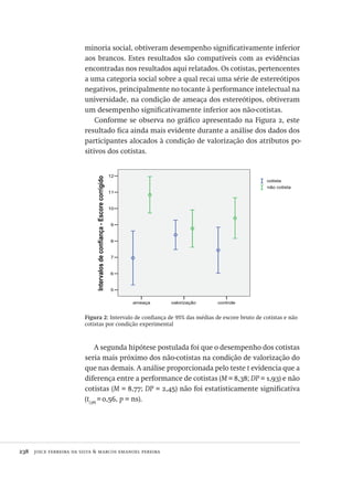 238  joice ferreira da silva & marcos emanoel pereira
minoria social, obtiveram desempenho significativamente inferior
aos brancos. Estes resultados são compatíveis com as evidências
encontradas nos resultados aqui relatados. Os cotistas, pertencentes
a uma categoria social sobre a qual recai uma série de estereótipos
negativos, principalmente no tocante à performance intelectual na
universidade, na condição de ameaça dos estereótipos, obtiveram
um desempenho significativamente inferior aos não-cotistas.
Conforme se observa no gráfico apresentado na Figura 2, este
resultado fica ainda mais evidente durante a análise dos dados dos
participantes alocados à condição de valorização dos atributos po-
sitivos dos cotistas.
controlevalorizaçãoameaça
12
11
10
9
8
7
6
5
Intervalosdeconfiança-Escorecorrigido
não cotista
cotista
Figura 2: Intervalo de confiança de 95% das médias de escore bruto de cotistas e não
cotistas por condição experimental
A segunda hipótese postulada foi que o desempenho dos cotistas
seria mais próximo dos não-cotistas na condição de valorização do
que nas demais. A análise proporcionada pelo teste t evidencia que a
diferença entre a performance de cotistas (M = 8,38; DP = 1,93) e não
cotistas (M = 8,77; DP = 2,45) não foi estatisticamente significativa
(t(38)
= 0,56, p = ns).
Avaliacao_educacional.indb 238 31/03/2010 16:00:14
 