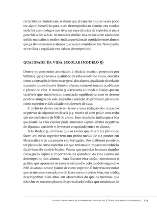 fatores associados ao desempenho escolar na 4ª série do ensino fundamental  279
racterísticas contextuais, o aluno que já repetiu muitas vezes pode
ter algum benefício para o seu desempenho ao estudar em escolas
onde há mais colegas que tiveram experiências de repetência mais
parecidas com a dele. De maneira similar, nas escolas com abandono
médio mais alto, o modelo indica que há mais equidade entre alunos
que já abandonaram e alunos que nunca abandonaram. Novamente
se verifica a equidade em baixos desempenhos.
qualidade da vida escolar (modelo 5)
Dentre os construtos associados à eficácia escolar, propostos por
Willms (1992), consta a qualidade da vida escolar do aluno, descrita
como a sensação de bem-estar geral dos alunos, qualidade do relacio-
namento aluno-aluno e aluno-professor, comportamento acadêmico
e planos de vida. O modelo 5 acrescenta ao modelo básico quatro
variáveis que mantiveram associação significativa com os desem-
penhos: amigos em sala, respeito e atenção do professor, planos de
curso superior e dificuldade nos deveres de casa.
A inclusão destas variáveis levou a uma redução dos impactos
negativos de algumas variáveis (e.g. morar só com pai) e uma redu-
ção no coeficiente de NSE do aluno. Esse resultado indica que a boa
qualidade da vida escolar pode amenizar alguns efeitos negativos
de algumas variáveis e favorecer a equidade entre os alunos.
Pelo Modelo 5, estima-se que os alunos que dizem ter planos de
fazer um curso superior têm um ganho médio de 2,5 pontos em
Matemática e de 2,9 pontos em Português. Dos atributos positivos,
ter planos de curso superior é o que tem maior impacto na redução
da deviance do modelo básico. Vemos que medidas bastante simples
conseguem captar a importância da qualidade da vida escolar no
desempenho dos alunos. Para ilustrar esta seção, mostramos o
gráfico que apresenta os escores estimados pelo modelo segundo o
NSE do aluno, sexo e planos de curso superior. É interessante notar
que as meninas com planos de fazer curso superior têm, em média,
desempenhos mais altos em Matemática do que os meninos que
não têm os mesmos planos. Esse resultado indica que mudanças de
Avaliacao_educacional.indb 279 31/03/2010 16:00:18
 