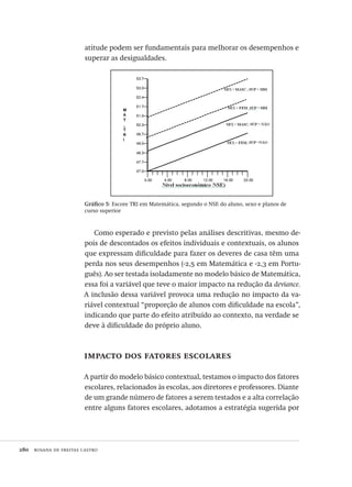 280  rosana de freitas castro
atitude podem ser fundamentais para melhorar os desempenhos e
superar as desigualdades.
Gráfico 5: Escore TRI em Matemática, segundo o NSE do aluno, sexo e planos de
curso superior
Como esperado e previsto pelas análises descritivas, mesmo de-
pois de descontados os efeitos individuais e contextuais, os alunos
que expressam dificuldade para fazer os deveres de casa têm uma
perda nos seus desempenhos (-2,5 em Matemática e -2,3 em Portu-
guês). Ao ser testada isoladamente no modelo básico de Matemática,
essa foi a variável que teve o maior impacto na redução da deviance.
A inclusão dessa variável provoca uma redução no impacto da va-
riável contextual “proporção de alunos com dificuldade na escola”,
indicando que parte do efeito atribuído ao contexto, na verdade se
deve à dificuldade do próprio aluno.
impacto dos fatores escolares
A partir do modelo básico contextual, testamos o impacto dos fatores
escolares, relacionados às escolas, aos diretores e professores. Diante
de um grande número de fatores a serem testados e a alta correlação
entre alguns fatores escolares, adotamos a estratégia sugerida por
Avaliacao_educacional.indb 280 31/03/2010 16:00:18
 