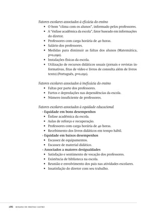 286  rosana de freitas castro
Fatores escolares associados à eficácia do ensino
O bom “clima com os alunos”, informado pelos professores.•	
A “ênfase acadêmica da escola”, fator baseado em informações•	
do diretor.
Professores com carga horária de 40 horas.•	
Salário dos professores.•	
Medidas para diminuir as faltas dos alunos (Matemática,•	
p=0,090).
Instalações físicas da escola.•	
Utilização de recursos didáticos usuais (jornais e revistas in-•	
formativas, fitas de vídeo e livros de consulta além de livros
texto) (Português, p=0,091).
Fatores escolares associados à ineficácia do ensino
Faltas por parte dos professores.•	
Furtos e depredações nas dependências da escola.•	
Número insuficiente de professores.•	
Fatores escolares associados à equidade educacional
- Equidade em bons desempenhos
Ênfase acadêmica da escola.•	
Aulas de reforço e recuperação.•	
Professores com carga horária de 40 horas.•	
Recebimento dos livros didáticos em tempo hábil.•	
- Equidade em baixos desempenhos
Escassez de equipamentos.•	
Escassez de material didático.•	
- Associados a maiores desigualdades
Satisfação e sentimento de vocação dos professores.•	
Existência de biblioteca na escola.•	
Reunião e envolvimento dos pais nas atividades escolares.•	
Insatisfação do diretor com seu trabalho.•	
Avaliacao_educacional.indb 286 31/03/2010 16:00:19
 