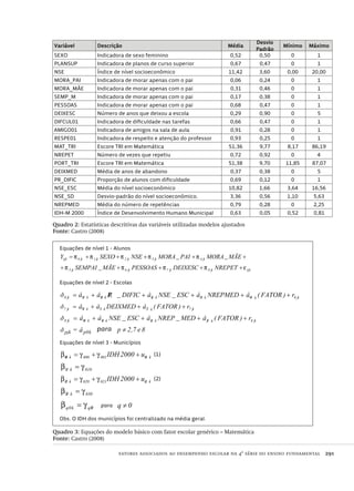 fatores associados ao desempenho escolar na 4ª série do ensino fundamental  291
Variável Descrição Média
Desvio
Padrão
Mínimo Máximo
SEXO Indicadora de sexo feminino 0,52 0,50 0 1
PLANSUP Indicadora de planos de curso superior 0,67 0,47 0 1
NSE Índice de nível socioeconômico 11,42 3,60 0,00 20,00
MORA_PAI Indicadora de morar apenas com o pai 0,06 0,24 0 1
MORA_MÃE Indicadora de morar apenas com o pai 0,31 0,46 0 1
SEMP_M Indicadora de morar apenas com o pai 0,17 0,38 0 1
PESSOAS Indicadora de morar apenas com o pai 0,68 0,47 0 1
DEIXESC Número de anos que deixou a escola 0,29 0,90 0 5
DIFCUL01 Indicadora de dificuldade nas tarefas 0,66 0,47 0 1
AMIGO01 Indicadora de amigos na sala de aula 0,91 0,28 0 1
RESPE01 Indicadora de respeito e atenção do professor 0,93 0,25 0 1
MAT_TRI Escore TRI em Matemática 51,36 9,77 8,17 86,19
NREPET Número de vezes que repetiu 0,72 0,92 0 4
PORT_TRI Escore TRI em Matemática 51,38 9,70 11,85 87,07
DEIXMED Média de anos de abandono 0,37 0,38 0 5
PR_DIFIC Proporção de alunos com dificuldade 0,69 0,12 0 1
NSE_ESC Média do nível socioeconômico 10,82 1,66 3,64 16,56
NSE_SD Desvio-padrão do nível socioeconômico. 3,36 0,56 1,10 5,63
NREPMED Média do número de repetências 0,79 0,28 0 2,25
IDH-M 2000 Índice de Desenvolvimento Humano Municipal 0,63 0,05 0,52 0,81
Quadro 2: Estatísticas descritivas das variáveis utilizadas modelos ajustados
Fonte: Castro (2008)
Equações de nível 1 - Alunos
ijkjk8jk7jk6jk5
jk4jk3jk2jk1jk0ijk
NREPETDEIXESCPESSOASMÃE_SEMPAI
MÃE_MORAPAI_MORANSESEXOY
εππππ
πππππ
+++++
+++++=
Equações de nível 2 - Escolas
jk0k04k03k02k01k00jk0 r)FATOR(âNREPMEDâESC_NSEâDIFIC_PRââð +++++=
jk7k72k71k70jk7 r)FATOR(âDEIXMEDââð +++=
jk8k82k82k81k80jk8 r)FATOR(âMED_NREPâESC_NSEââð ++++=
k0ppjk âð = para 8.e7,2p ≠
Equações de nível 3 - Municípios
k00001000k00 u2000IDH ++= γγβ (1)
010k01 γβ =
k02021020k02 u2000IDH ++= γγβ (2)
030k03 γβ =
00qk0q γβ = para 0q ≠
Obs. O IDH dos municípios foi centralizado na média geral.
Quadro 3: Equações do modelo básico com fator escolar genérico – Matemática
Fonte: Castro (2008)
Avaliacao_educacional.indb 291 31/03/2010 16:00:20
 