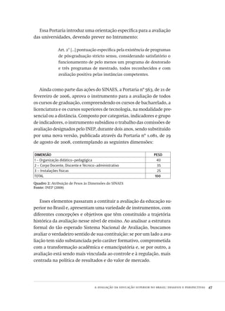 a avaliação da educação superior no brasil: desafios e perspectivas  47
Essa Portaria introduz uma orientação específica para a avaliação
das universidades, devendo prever no Intrumento:
Art. 2° [...] pontuação específica pela existência de programas
de pós-graduação stricto sensu, considerando satisfatório o
funcionamento de pelo menos um programa de doutorado
e três programas de mestrado, todos reconhecidos e com
avaliação positiva pelas instâncias competentes.
Ainda como parte das ações do sinaes, a Portaria nº 563, de 21 de
fevereiro de 2006, aprova o instrumento para a avaliação de todos
os cursos de graduação, compreendendo os cursos de bacharelado, a
licenciatura e os cursos superiores de tecnologia, na modalidade pre-
sencial ou a distância. Composto por categorias, indicadores e grupo
de indicadores, o instrumento subsidiou o trabalho das comissões de
avaliação designados pelo inep, durante dois anos, sendo substituído
por uma nova versão, publicada através da Portaria nº 1.081, de 29
de agosto de 2008, contemplando as seguintes dimensões:
dimensão peso
1 - Organização didático-pedagógica 40
2 - Corpo Docente, Discente e Técnico-administrativo 35
3 – Instalações físicas 25
total 100
Quadro 2: Atribuição de Pesos às Dimensões do sinaes
Fonte: inep (2008)
Esses elementos passaram a contituir a avaliação da educação su-
perior no Brasil e, apresentam uma variedade de instrumentos, com
diferentes concepções e objetivos que têm constituído a trajetória
histórica da avaliação nesse nível de ensino. Ao analisar a estrutura
formal do tão esperado Sistema Nacional de Avaliação, buscamos
avaliar o verdadeiro sentido de sua contituição: se por um lado a ava-
liação tem sido substanciada pelo caráter formativo, comprometida
com a transformação acadêmica e emancipatória e, se por outro, a
avaliação está sendo mais vinculada ao controle e à regulação, mais
centrada na política de resultados e do valor de mercado.
Avaliacao_educacional.indb 47 31/03/2010 15:59:58
 