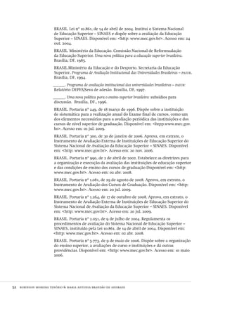 52  robinson moreira tenório & maria antonia brandão de andrade
brasil. Lei nº 10.861, de 14 de abril de 2004. Institui o Sistema Nacional
de Educação Superior – sinaes e dispõe sobre a avaliação da Educação
Superior – sinaes. Disponível em: <http: www.mec.gov.br>. Acesso em: 24
out. 2004.
brasil. Ministério da Educação. Comissão Nacional de Reformualação
da Educação Superior. Uma nova política para a educação superior brasileira.
Brasília, df, 1985.
brasil.Ministério da Educação e do Desporto. Secretaria da Educação
Superior. Programa de Avaliação Institucional das Universidades Brasileiras – paiub.
Brasília, df, 1994.
______. Programa de avaliação institucional das universidades brasileiras – paiub:
Relatório depes/Sesu de adesão. Brasília, df, 1997.
______. Uma nova política para o ensino superior brasileiro: subsídios para
discussão. Brasília, df., 1996.
brasil. Portaria nº 249, de 18 março de 1996. Dispõe sobre a instituição
de sistemática para a realização anual do Exame final de cursos, como um
dos elementos necessários para a avaliação periódica das instituições e dos
cursos de nível superior de graduação. Disponível em: <htpp.www.mec.gov.
br>. Acesso em: 01 jul. 2009.
brasil. Portaria nº 300, de 30 de janeiro de 2006. Aprova, em extrato, o
Instrumento de Avaliação Externa de Instituições de Educação Superior do
Sistema Nacional de Avaliação da Educação Superior – sinaes. Disponível
em: <http: www.mec.gov.br>. Acesso em: 20 nov. 2006.
brasil. Portaria nº 990, de 2 de abril de 2002. Estabelece as diretrizes para
a organização e execução da avaliação das instituições de educação superior
e das condições de ensino dos cursos de graduação Disponível em: <http:
www.mec.gov.br>. Acesso em: 02 abr. 2008.
brasil. Portaria nº 1.081, de 29 de agosto de 2008. Aprova, em extrato, o
Instrumento de Avaliação dos Cursos de Graduação. Disponível em: <http:
www.mec.gov.br>. Acesso em: 20 jul. 2009.
brasil. Portaria nº 1.264, de 17 de outubro de 2008. Aprova, em extrato, o
Instrumento de Avaliação Externa de Instituições de Educação Superior do
Sistema Nacional de Avaliação da Educação Superior – sinaes. Disponível
em: <http: www.mec.gov.br>. Acesso em: 20 jul. 2009.
brasil. Portaria nº 2.051, de 9 de julho de 2004. Regulamenta os
procedimentos de avaliação do Sistema Nacional de Educação Superior –
sinaes, instituído pela Lei 10.861, de 14 de abril de 2004. Disponível em:
<http: www.mec.gov.br>. Acesso em: 02 abr. 2008.
brasil. Portaria nº 5.773, de 9 de maio de 2006. Dispõe sobre a organização
do ensino superior, a avaliações de curso e instituições e dá outras
providências. Disponível em: <http: www.mec.gov.br>. Acesso em: 10 maio
2006.
Avaliacao_educacional.indb 52 31/03/2010 15:59:59
 