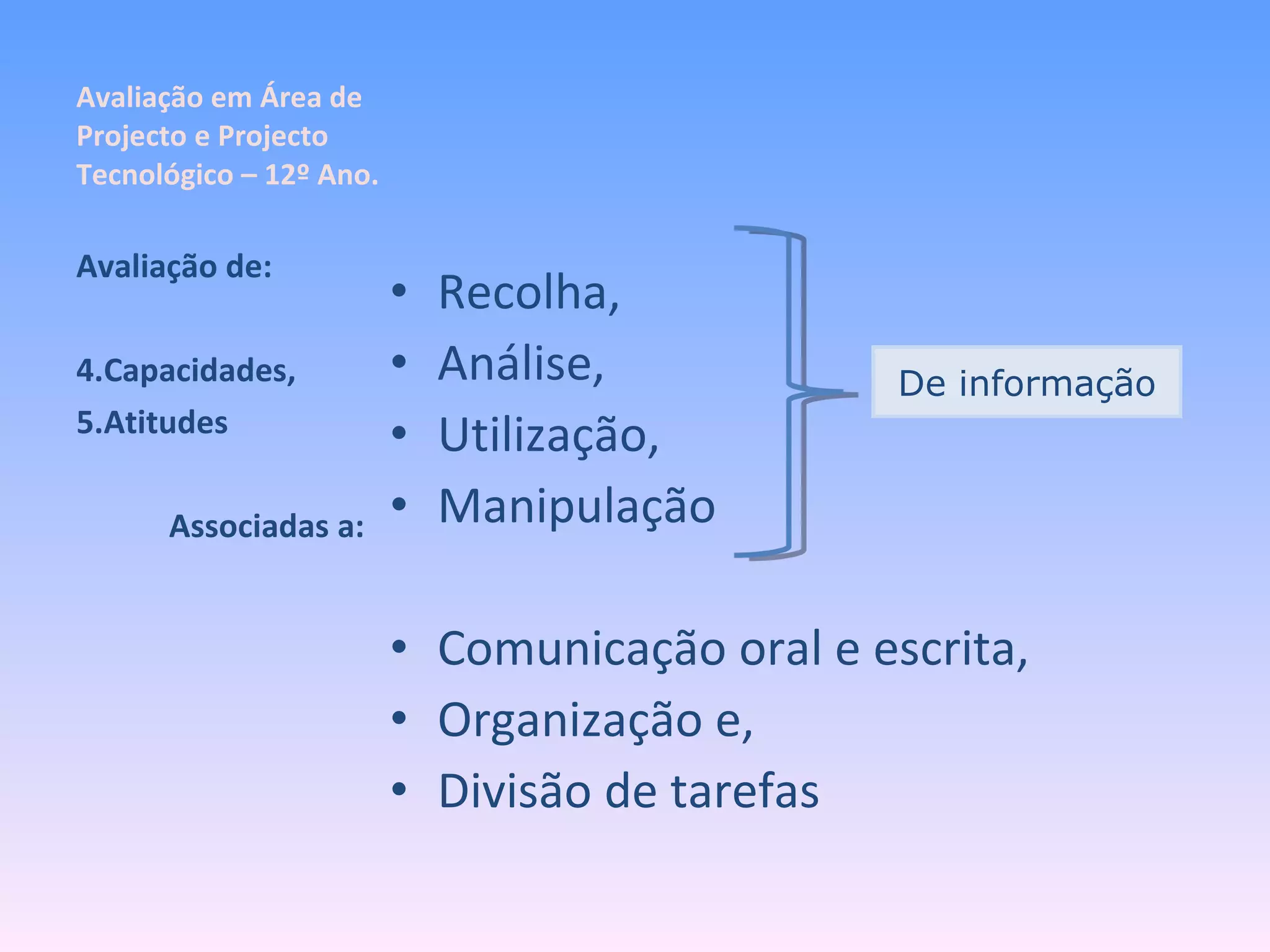 Avaliação em Área de Projecto e Projecto Tecnológico – 12º Ano. Recolha, Análise, Utilização, Manipulação Comunicação oral e escrita, Organização e, Divisão de tarefas Avaliação de: Capacidades, Atitudes Associadas a: De informação 