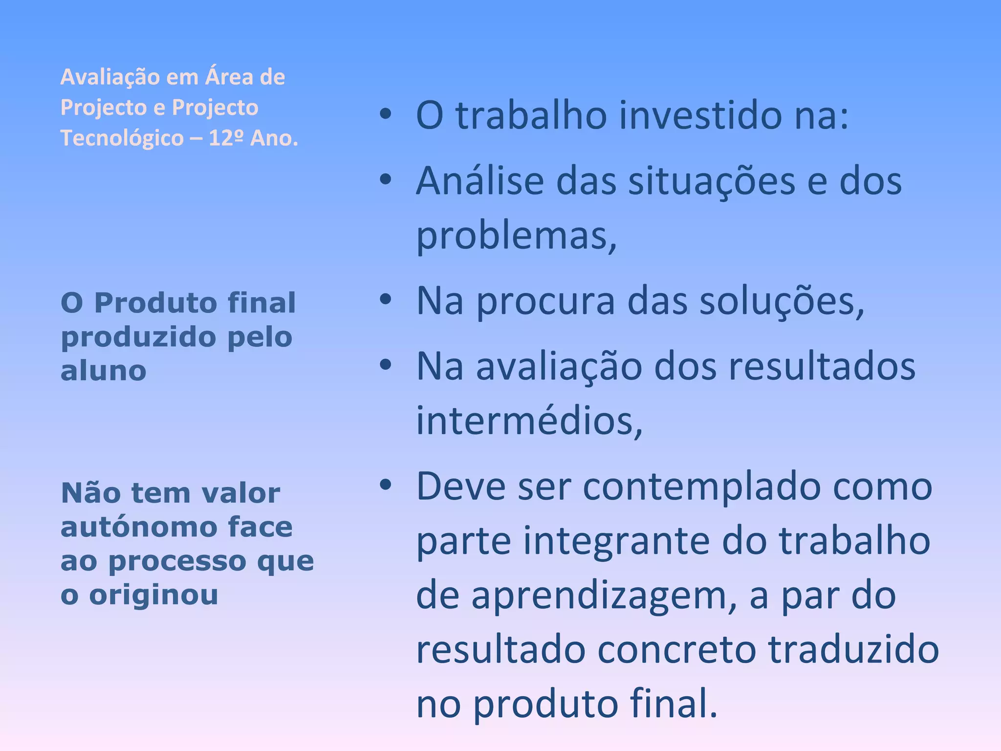 Avaliação em Área de Projecto e Projecto Tecnológico – 12º Ano. O trabalho investido na: Análise das situações e dos problemas, Na procura das soluções, Na avaliação dos resultados intermédios, Deve ser contemplado como parte integrante do trabalho de aprendizagem, a par do resultado concreto traduzido no produto final. O Produto final produzido pelo aluno Não tem valor autónomo face ao processo que o originou 
