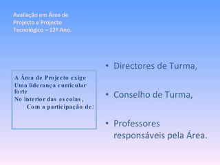 Directores de Turma, Conselho de Turma, Professores responsáveis pela Área. A Área de Projecto exige Uma liderança curricular forte No interior das escolas, Com a participação de: Avaliação em Área de Projecto e Projecto Tecnológico – 12º Ano. 