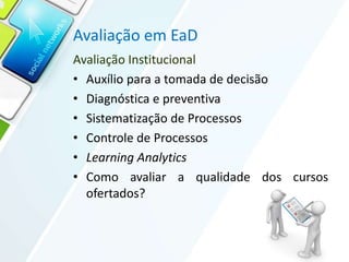Avaliação em EaD
Avaliação Institucional
• Auxílio para a tomada de decisão
• Diagnóstica e preventiva
• Sistematização de Processos
• Controle de Processos
• Learning Analytics
• Como avaliar a qualidade dos cursos
ofertados?
 