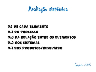 Avaliação sistémica

xi) De cada elemento
xii) Do processo
xiii) Da relação entre os elementos
xiv) Dos sistemas
xv) Dos produtos/resultado



                                  (Lagarto, 2009)
 