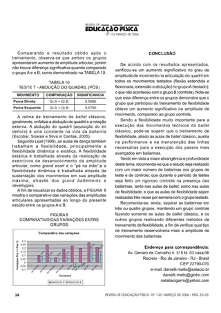 REVISTA DE

EDUCAÇÃO FÍSICA
Nº 133 MARÇO DE 2006

Comparando o resultado obtido após o
treinamento, observa-se que ambos os grupos
apresentaram aumento de amplitude articular, porém
não houve diferença significativa quando comparado
o grupo A e o B, como demonstrado na TABELA 10.
TABELA 10
TESTE T - ABDUÇÃO DO QUADRIL (PÓS)

A rotina de treinamento do ballet clássico,
geralmente, enfatiza a abdução de quadril e a rotação
externa. A abdução do quadril (aquisição do en
dehors) é uma constante na vida da bailarina
(Escobar, Soares e Silva in Dantas, 2005).
Segundo Leal (1998), as aulas de dança também
trabalham a flexibilidade, principalmente a
flexibilidade dinâmica e estática. A flexibilidade
estática é trabalhada através da realização de
exercícios de desenvolvimento da amplitude
articular, como grand ecart e o “pé na mão”;e a
flexibilidade dinâmica é trabalhada através da
sustentação dos movimentos em sua amplitude
máxima, através dos grand battements e
developpes.
A fim de visualizar os dados obtidos, a FIGURA 8
mostra o comparativo das variações das amplitudes
articulares apresentadas ao longo do presente
estudo entre os grupos A e B.
FIGURA 8
COMPARATIVO DAS VARIAÇÕES ENTRE
GRUPOS

CONCLUSÃO
De acordo com os resultados apresentados,
verificou-se um aumento significativo no grau de
amplitude de movimento na articulação do quadril em
todos os movimentos testados (flexão estendida e
flexionada, extensão e abdução) no grupo A (testado);
o que não aconteceu com o grupo B (controle). Nota-se
que esta diferença entre os grupos demonstra que o
grupo que participou do treinamento de flexibilidade
obteve um aumento significativo na amplitude de
movimento, comparado ao grupo controle.
Sendo a flexibilidade muito importante para a
execução dos movimentos técnicos do ballet
clássico, pode-se sugerir que o treinamento de
flexibilidade, aliado às aulas de ballet clássico, auxilia
na performance e na manutenção das linhas
necessárias para a execução dos passos mais
avançados em bailarinas.
Tendo em vista a maior abrangência e profundidade
deste tema, recomenda-se que o estudo seja realizado
com um maior número de bailarinas nos grupos de
teste e de controle; que durante o período de testes
seja feito um rigoroso controle na presença das
bailarinas, tanto nas aulas de ballet, como nas aulas
de flexibilidade; e que as aulas de flexibilidade sejam
realizadas três vezes por semana com o grupo testado.
Recomenda-se, ainda, separar as bailarinas em
três ou quatro grupos, mantendo um grupo controle
fazendo somente as aulas de ballet clássico, e os
outros grupos realizando diferentes métodos de
treinamento de flexibilidade, a fim de verificar qual tipo
de treinamento desenvolveria mais a amplitude de
movimento das bailarinas.
Endereço para correspondência:
Av. Genaro de Carvalho n. 315 bl. 03 casa 06
Recreio - Rio de Janeiro - RJ - Brasil
CEP 22790-070
e-mail :danielli.mello@estacio.br
danielli.mello@globo.com
nataliacigarro@yahoo.com

34

REVISTA DE EDUCAÇÃO FÍSICA - Nº 133 - MARÇO DE 2006 - PÁG. 25-35

 