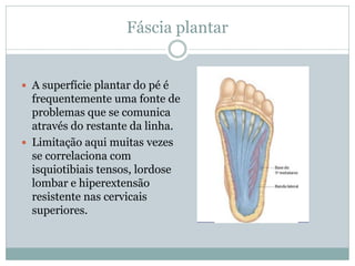 Fáscia plantar
 A superfície plantar do pé é
frequentemente uma fonte de
problemas que se comunica
através do restante da linha.
 Limitação aqui muitas vezes
se correlaciona com
isquiotibiais tensos, lordose
lombar e hiperextensão
resistente nas cervicais
superiores.
 