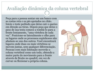 Avaliação dinâmica da coluna vertebral
Peça para a pessoa sentar em um banco com
as costas reta e os pés apoiados no chão.
Inicie o teste pedindo que deixe cair o queixo
em direção ao tórax. Depois peça que deixe o
peso de sua testa comece a tombá-lo para a
frente lentamente, “uma vértebra de cada
vez”. Posicione-se lateralmente e olhe para
os lugares onde os processos espinhosos não
afastam-se uns dos outros. Você encontrará
lugares onde duas ou mais vértebras se
movem juntas, sem qualquer diferenciação.
Pessoas com mais limitação moverão a
coluna vertebral como um todo, obtendo a
maior parte do movimento para a frente
através de flexão no quadril, em vez de
curvar ou flexionar a própria coluna.
 