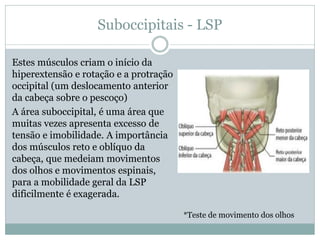 Suboccipitais - LSP
Estes músculos criam o início da
hiperextensão e rotação e a protração
occipital (um deslocamento anterior
da cabeça sobre o pescoço)
A área suboccipital, é uma área que
muitas vezes apresenta excesso de
tensão e imobilidade. A importância
dos músculos reto e oblíquo da
cabeça, que medeiam movimentos
dos olhos e movimentos espinais,
para a mobilidade geral da LSP
dificilmente é exagerada.
*Teste de movimento dos olhos
 