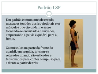 Padrão LSP
Um padrão comumente observado
mostra os tendões dos isquiotibiais e os
músculos que circundam o sacro
tornando-se encurtados e curvados,
empurrando a pélvis e quadril para a
frente.
Os músculos na parte da frente do
quadril, em seguida, tornam-se
retesados quando são esticados e
tensionados para conter o impulso para
a frente a partir de trás.
 