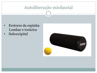 Autoliberação miofascial
• Eretores da espinha
Lombar e torácica
• Suboccipital
 