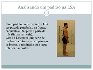 Analisando um padrão na LSA
É um padrão muito comum a LSA
ser puxada para baixo na frente,
enquanto a LSP puxa a parte de
trás (linhas verticais).
Esta é a base para uma série de
problemas futuros para o pescoço,
os braços, a respiração ou a parte
inferior das costas.
 