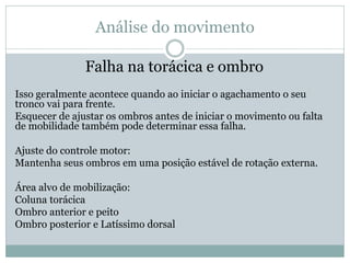 Análise do movimento
Falha na torácica e ombro
Isso geralmente acontece quando ao iniciar o agachamento o seu
tronco vai para frente.
Esquecer de ajustar os ombros antes de iniciar o movimento ou falta
de mobilidade também pode determinar essa falha.
Ajuste do controle motor:
Mantenha seus ombros em uma posição estável de rotação externa.
Área alvo de mobilização:
Coluna torácica
Ombro anterior e peito
Ombro posterior e Latíssimo dorsal
 