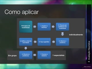 individualmente
Em grupo
46
AvaliaçãoHeurística
Princípios de
Usabilidade
1. Explore a
interface
2. Procure por
problemas de
Usabilidade
3. Informe o
problema
4. Faça sugestões
5. Defina o nível de
severidade
6. Discuta os
problemas
7. Escreva o
relatório 1 especialista
 