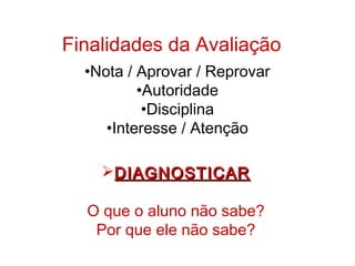 Finalidades da Avaliação
•Nota / Aprovar / Reprovar
•Autoridade
•Disciplina
•Interesse / Atenção
DIAGNOSTICARDIAGNOSTICAR
O que o aluno não sabe?
Por que ele não sabe?
 