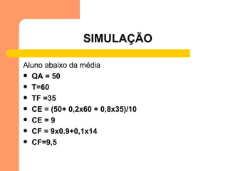 SIMULAÇÃO Aluno abaixo da média  QA = 50 T=60 TF =35 CE = (50+ 0,2x60 + 0,8x35)/10 CE = 9 CF = 9x0.9+0,1x14 CF=9,5 