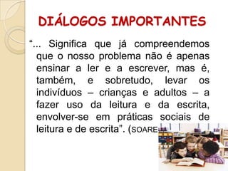 DIÁLOGOS IMPORTANTES
“... Significa que já compreendemos
que o nosso problema não é apenas
ensinar a ler e a escrever, mas é,
também, e sobretudo, levar os
indivíduos – crianças e adultos – a
fazer uso da leitura e da escrita,
envolver-se em práticas sociais de
leitura e de escrita”. (SOARES, 2003, p.58)

 