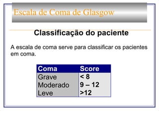 Escala de Coma de Glasgow
Coma Score
Grave < 8
Moderado 9 – 12
Leve >12
Classificação do paciente
A escala de coma serve para classificar os pacientes
em coma.
 