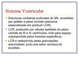 Sistema Ventricular
 Estruturas cavitárias profundas do SN, revestidas
por epitélio e plexo coróide (estrutura
especializada em produzir LCR);
 LCR: produzido por células epiteliais do plexo
coróide do III e IV ventrículos, indo para espaço
subaracnóide pelos forames específicos;
 LCR é reabsorvido pelas granulações
aracnoideas, junto aos seios venosos do
encéfalo.
 