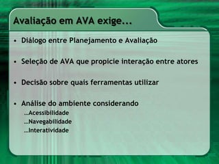 Tendências de Educação e AvaliaçãoTRADICIONAL – usaverificações de curto e prazomaislongo, puniçao;TECNICISTA – avalia e controlacomportamentosobserváveis e mensuráveis;LIBERTADORA – avalia a praticavivenciada entre educador/educando, compromisso com prática social;PROGRESSISTA – avaliaçãoemprocesso, valorização de outrosinstrumentosquenãoprova