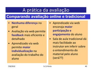 7/7/2010S.C.S Porto40A prática da avaliaçãoNenhumadiferençano geralAvaliação via web permitefeedbackmaiseficiente e detalhadoAprendizado via web permitemaiorindividualizaçãonaavaliação do trabalho do alunoComparando avaliação online e tradicionalAprendizado via web encorajamaiorparticipação e engajamento do alunoSala de aula tradicionaldámaisfacilidadeaoinstrutoreminferirsobre o entendimento do material peloaluno(será??)
