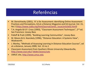 7/7/2010S.C.S Porto53DesafiosGrau vs. Avaliação (estrutura de graus determinada pela instituição)              GruposParticipaçãoHeterogeneidade / DiversidadeAs demandas do aluno adultoDesenvolvimento de cursos que atendam à demanda, às restrições de custo, às mudanças de tecnologia, às mudanças de contexto, sejam criativos, sejam flexiveis, etc.Conclusões