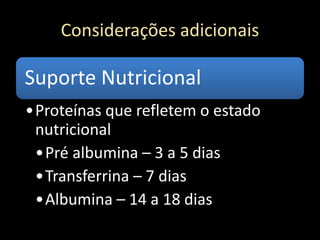 Considerações adicionais
Suporte Nutricional
•Proteínas que refletem o estado
nutricional
•Pré albumina – 3 a 5 dias
•Transferrina – 7 dias
•Albumina – 14 a 18 dias
 