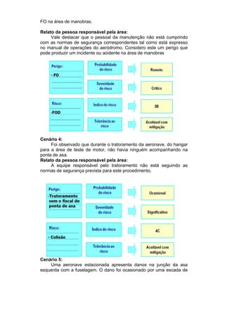 FO na área de manobras.
Relato da pessoa responsável pela área:
Vale destacar que o pessoal da manutenção não está cumprindo
com as normas de segurança correspondentes tal como está expresso
no manual de operações do aeródromo. Considero este um perigo que
pode produzir um incidente ou acidente na área de manobras
Cenário 4:
Foi observado que durante o tratoramento da aeronave, do hangar
para a área de teste de motor, não havia ninguém acompanhando na
ponta de asa.
Relato da pessoa responsável pela área:
A equipe responsável pelo tratoramento não está seguindo as
normas de segurança prevista para este procedimento.
Cenário 5:
Uma aeronave estacionada apresenta danos na junção da asa
esquerda com a fuselagem. O dano foi ocasionado por uma escada de
 