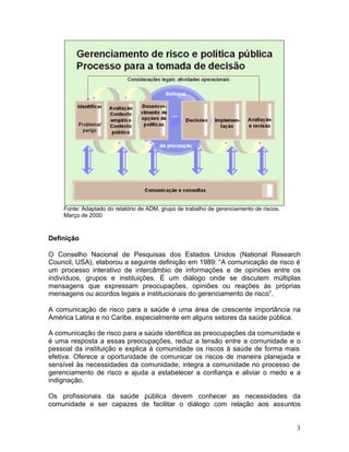 3
Fonte: Adaptado do relatório de ADM, grupo de trabalho de gerenciamento de riscos,
Março de 2000
Definição
O Conselho Nacional de Pesquisas dos Estados Unidos (National Research
Council, USA), elaborou a seguinte definição em 1989: “A comunicação de risco é
um processo interativo de intercâmbio de informações e de opiniões entre os
indivíduos, grupos e instituições. É um diálogo onde se discutem múltiplas
mensagens que expressam preocupações, opiniões ou reações às próprias
mensagens ou acordos legais e institucionais do gerenciamento de risco”.
A comunicação de risco para a saúde é uma área de crescente importância na
América Latina e no Caribe, especialmente em alguns setores da saúde pública.
A comunicação de risco para a saúde identifica as preocupações da comunidade e
é uma resposta a essas preocupações, reduz a tensão entre a comunidade e o
pessoal da instituição e explica à comunidade os riscos à saúde de forma mais
efetiva. Oferece a oportunidade de comunicar os riscos de maneira planejada e
sensível às necessidades da comunidade; integra a comunidade no processo de
gerenciamento de risco e ajuda a estabelecer a confiança e aliviar o medo e a
indignação.
Os profissionais da saúde pública devem conhecer as necessidades da
comunidade e ser capazes de facilitar o diálogo com relação aos assuntos
 