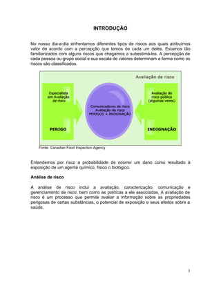 1
INTRODUÇÃO
No nosso dia-a-dia enfrentamos diferentes tipos de riscos aos quais atribuímos
valor de acordo com a percepção que temos de cada um deles. Estamos tão
familiarizados com alguns riscos que chegamos a subestimá-los. A percepção de
cada pessoa ou grupo social e sua escala de valores determinam a forma como os
riscos são classificados.
Fonte: Canadian Food Inspection Agency
Entendemos por risco a probabilidade de ocorrer um dano como resultado à
exposição de um agente químico, físico o biológico.
Análise de risco
A análise de risco inclui a avaliação, caracterização, comunicação e
gerenciamento de risco, bem como as políticas a ele associadas. A avaliação de
risco é um processo que permite avaliar a informação sobre as propriedades
perigosas de certas substâncias, o potencial de exposição e seus efeitos sobre a
saúde.
 