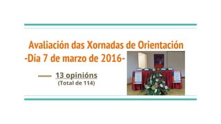 Avaliación das Xornadas de Orientación
-Día 7 de marzo de 2016-
13 opinións
(Total de 114)
 