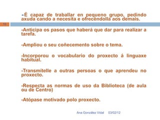 -É capaz de traballar en pequeno grupo, pedindo
     axuda cando a necesita e ofrecéndolla aos demais.
13

     -Anticipa os pasos que haberá que dar para realizar a
     tarefa.

     -Ampliou o seu coñecemento sobre o tema.

     -Incorporou o vocabulario do proxecto á linguaxe
     habitual.

     -Transmítelle a outras persoas o que aprendeu no
     proxecto.

     -Respecta as normas de uso da Biblioteca (de aula
     ou de Centro)

     -Atópase motivado polo proxecto.

                            Ana González Vidal   03/02/12
 