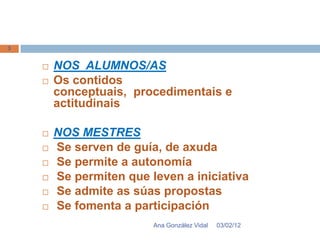 3


       NOS ALUMNOS/AS
       Os contidos
        conceptuais, procedimentais e
        actitudinais

       NOS MESTRES
       Se serven de guía, de axuda
       Se permite a autonomía
       Se permiten que leven a iniciativa
       Se admite as súas propostas
       Se fomenta a participación
                         Ana González Vidal   03/02/12
 