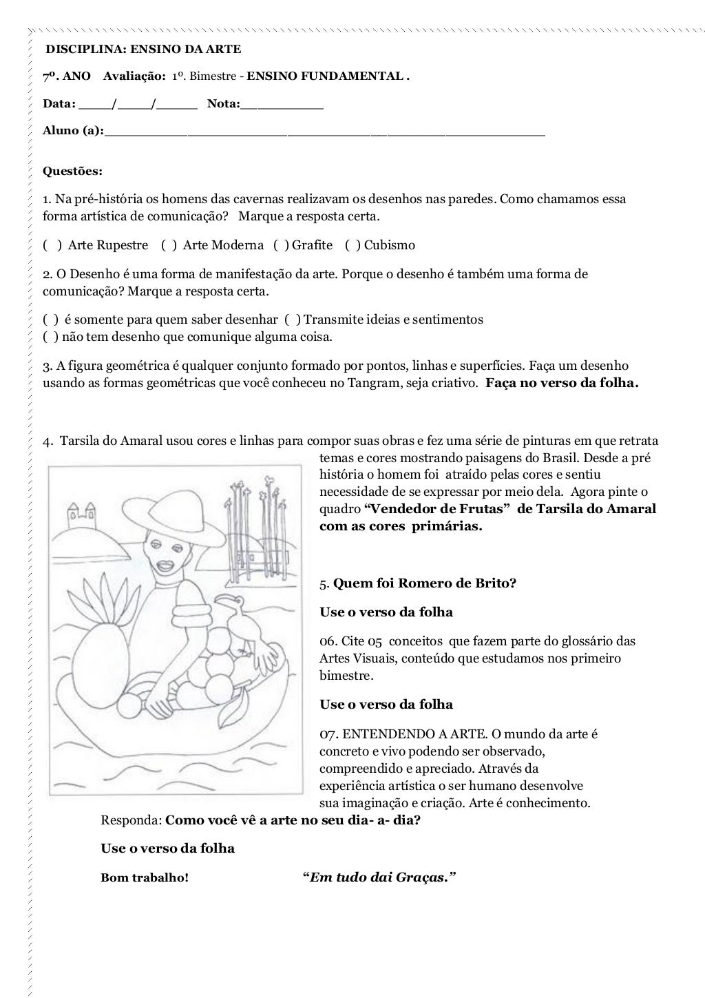 Avaliação De Artes 1 Ano Ensino Fundamental 1 Bimestre - FDPLEARN
