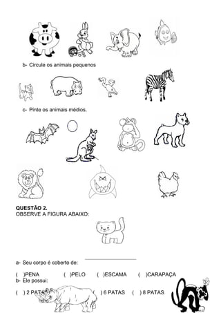 b- Circule os animais pequenos
c- Pinte os animais médios.
QUESTÃO 2.
OBSERVE A FIGURA ABAIXO:
_______________________
a- Seu corpo é coberto de:
( )PENA ( )PELO ( )ESCAMA ( )CARAPAÇA
b- Ele possui:
( ) 2 PATAS ( ) 4 PATAS ( ) 6 PATAS ( ) 8 PATAS
 
