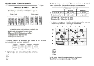 ESCOLA MUNICIPAL PADRE GERMANO MAYER
Aluno: _____________________________________________ 4° ano ____
SIMULADO DE MATEMÁTICA - 3º BIMESTRE
1)
2) Patrícia colocou os algarismos do número 9 851 no pote
correspondente ao seu valor posicional.
O algarismo que será colocado no pote das centenas é:
(A) 9.
(B) 8
(C) 5
(D) 1
3) Roberto comprou uma bola de futebol à vista e outra de vôlei à
prazo, conforme os preços relacionados na tabela a seguir:
O valor pago por Roberto em cada bola foi:
(A) futebol R$ 21,00 e vôlei R$ 20,00.
(B) futebol R$ 17,00 e vôlei R$ 20,00.
(C) futebol R$ 17,00 e vôlei R$ 23,00.
(D) futebol R$ 21,00 e vôlei R$ 23,00.
4) Observe o parque de diversões representado abaixo: Assinale
a alternativa que mostra a localização do carrossel
(A) N3
(B) P3
(C) N2
(D) P2
5- No ábaco abaixo, Cristina representou um número:
Qual foi o numero representado por Cristina?
 
