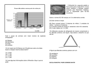 Qual o grupo de animais com maior número de espécies
ameaçadas?
(A) Répteis
(B) Mamíferos
(C) Aves
(D) Anfíbios
13) Um teatro tem 64 fileiras com 35 poltronas cada uma delas.
Qual é a lotação máxima desse teatro?
( A ) 2.920
( B ) 1.120
( C ) 2.240
( D ) 1.240
14) Leia algumas informações sobre o Mineirão e faça o que se
pede:
O Mineirão foi o segundo estádio a
ficar pronto para a Copa 2014. A nova
arena manteve a fachada original,
tombada pelo Patrimônio Histórico,
com a capacidade para 62.160
torcedores.
Sobre o número 62.160 marque um X na alternativa correta:
(A) Este número é ímpar.
(B) Esse numeral possui: 6 dezenas de milhar, 2 unidades de
milhar, 1 centena e 6 dezenas.
(C) A escrita correta do número é: sessenta e dois mil e sessenta.
(D) O valor relativo do 1 é 1000.
15) Utilizando canudos de refrigerante de mesmo comprimento e
fio, Marcela construiu uma figura. Veja abaixo o desenho do que
ela fez.
A figura que Marcela construiu parece com um:
(A) pentágono.
(B) quadrado.
(C) trapézio.
(D) triângulo.
ESCOLA MUNICIPAL PADRE GERMANO MAYER
 