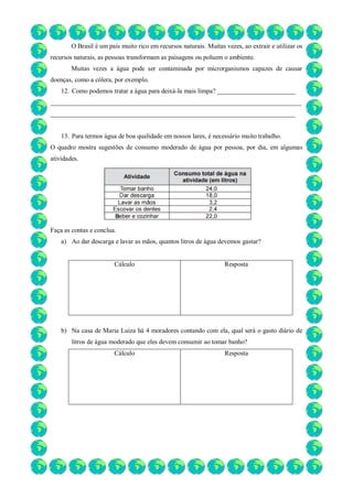 O Brasil é um país muito rico em recursos naturais. Muitas vezes, ao extrair e utilizar os
recursos naturais, as pessoas transformam as paisagens ou poluem o ambiente.
Muitas vezes a água pode ser contaminada por microrganismos capazes de causar
doenças, como a cólera, por exemplo.
12. Como podemos tratar a água para deixá-la mais limpa? ________________________
_____________________________________________________________________________
___________________________________________________________________________
13. Para termos água de boa qualidade em nossos lares, é necessário muito trabalho.
O quadro mostra sugestões de consumo moderado de água por pessoa, por dia, em algumas
atividades.
Faça as contas e conclua.
a) Ao dar descarga e lavar as mãos, quantos litros de água devemos gastar?
Cálculo Resposta
b) Na casa de Maria Luiza há 4 moradores contando com ela, qual será o gasto diário de
litros de água moderado que eles devem consumir ao tomar banho?
Cálculo Resposta
 