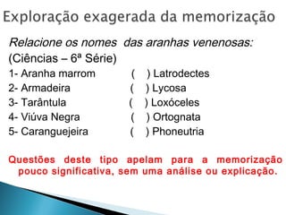 Relacione os nomes das aranhas venenosas:
(Ciências – 6ª Série)
1- Aranha marrom ( ) Latrodectes
2- Armadeira ( ) Lycosa
3- Tarântula ( ) Loxóceles
4- Viúva Negra ( ) Ortognata
5- Caranguejeira ( ) Phoneutria
Questões deste tipo apelam para a memorização
pouco significativa, sem uma análise ou explicação.
 